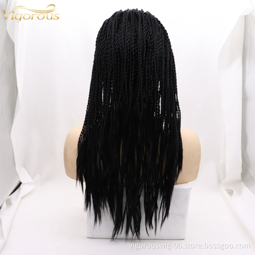 Vigorous braid long bug black wholesale cheap heat resistente synthetic wig with lace front